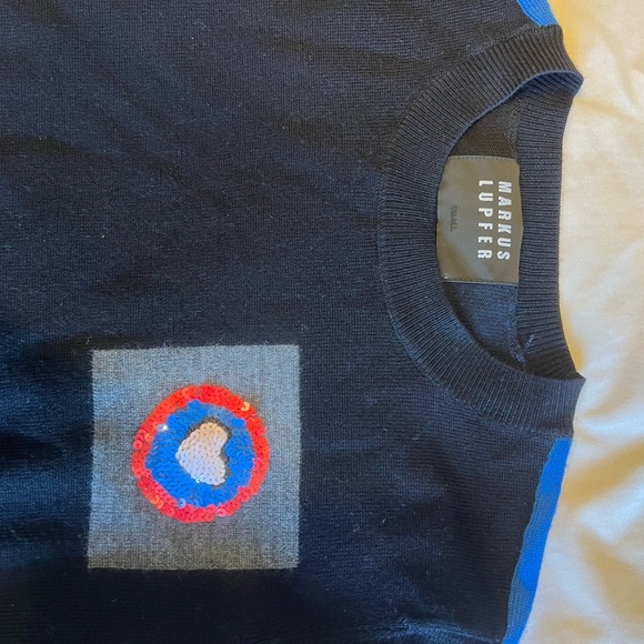 Markus Lupfer Navy Sweater with Colorful Stripes Small - Picture 7 of 7